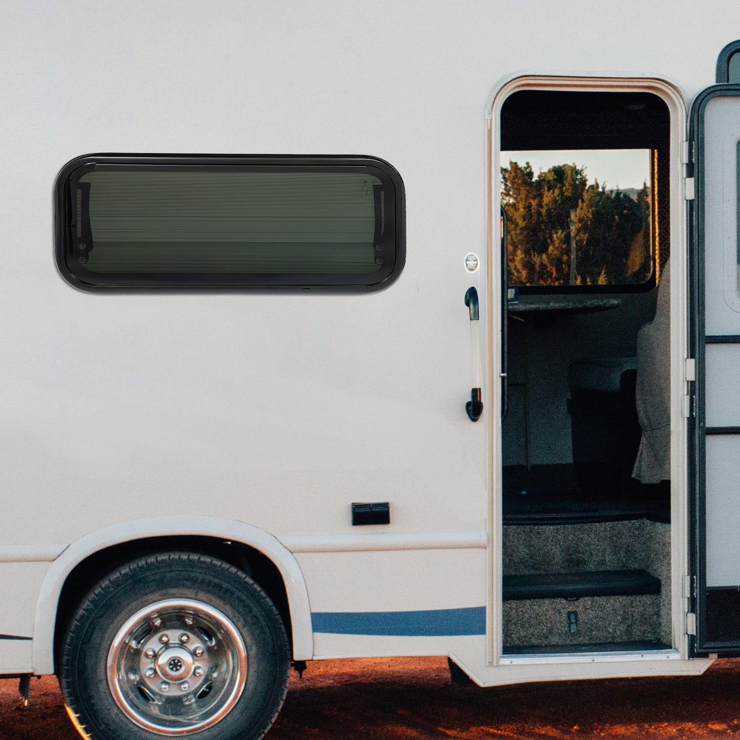 Caravanraam – Camperraam – Uitzetraam – Schuifraam – Zijraam – Aluminium Frame – Zwart Gehard Glas – 85° Verstelbaar – Ventilatieraam 70x30 cm