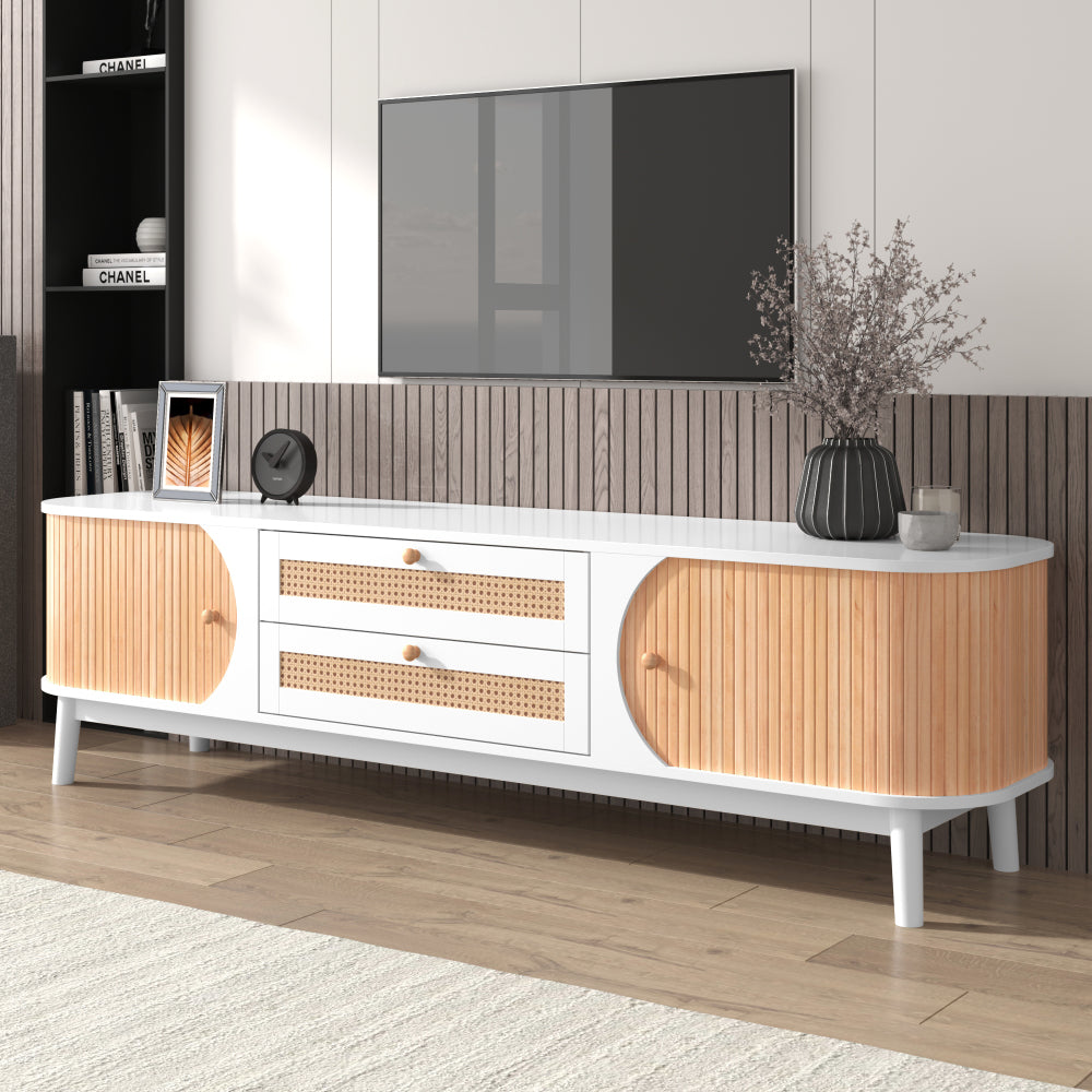 Rustic Modern TV Stand with Doors & Drawers - Solid Wood-Like, Rattan-Side Doors, Sturdy Metal-Free, Natural Wood-Look for Furniture - Easy Assembly (Compatible with TVs & Media Players)
