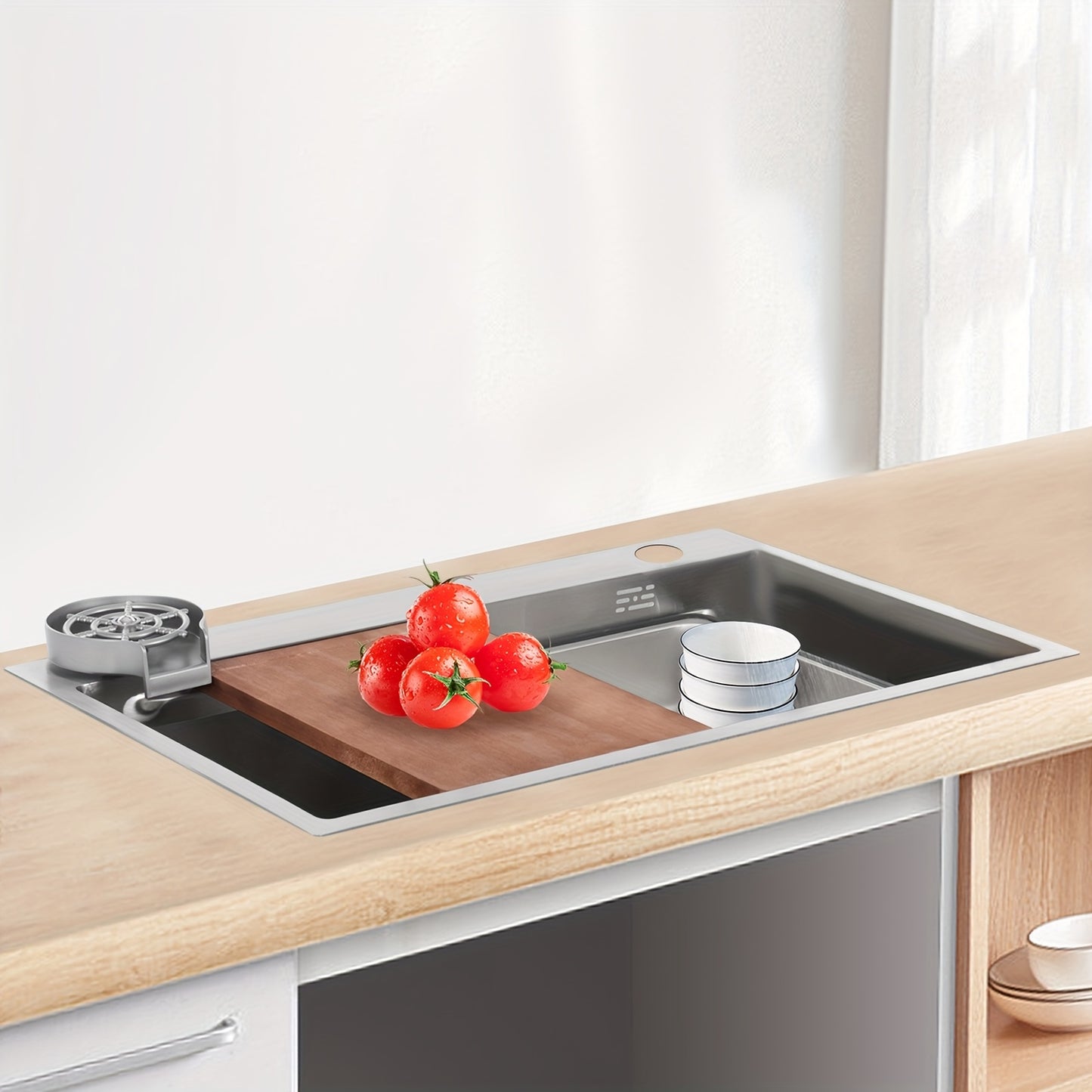 Spoelbak – Keukenspoelbak – RVS Wasbak – Inbouw Spoelbak – Multifunctionele Spoelbak – 304 RVS Met Nano-Coating – Inclusief Houten Snijplank & Afwateringsmand – 75x45x22 cm Silver