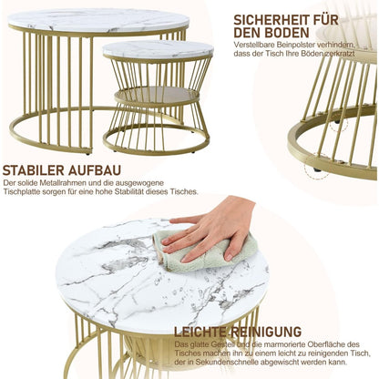 Set van 2 Ronde Salontafels – Bijzettafel – Side Table – Nesting Tafels – Sofa Tafel – Marmerlook – MDF Metalen Frame – Compact & Stevig