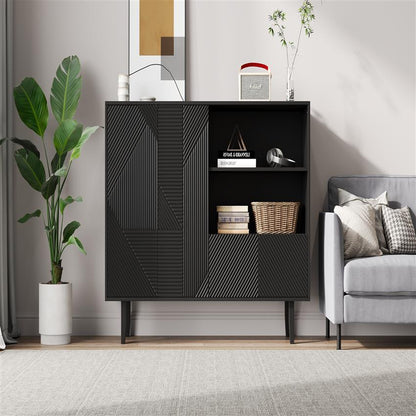 Dressoir – Opbergkast – Buffettafel – TV-meubel – Kast – Mat Zwart – Geometrisch Reliëf – 125x40x86 cm – Stevige Spaanplaat</s>