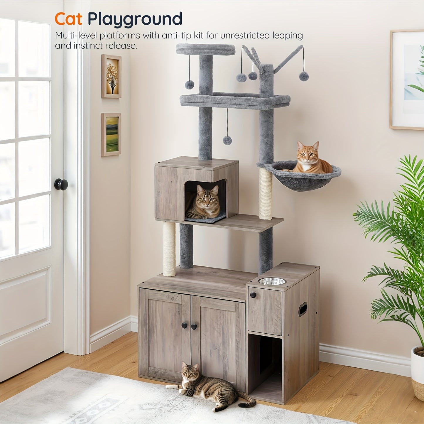 Krabpaal – Kattenboom – Kattenhuis – Krabmeubel – Kattentoren – 175 cm Hoog – Verborgen Kattenbak & Hangmat – Ruimtebesparend Design