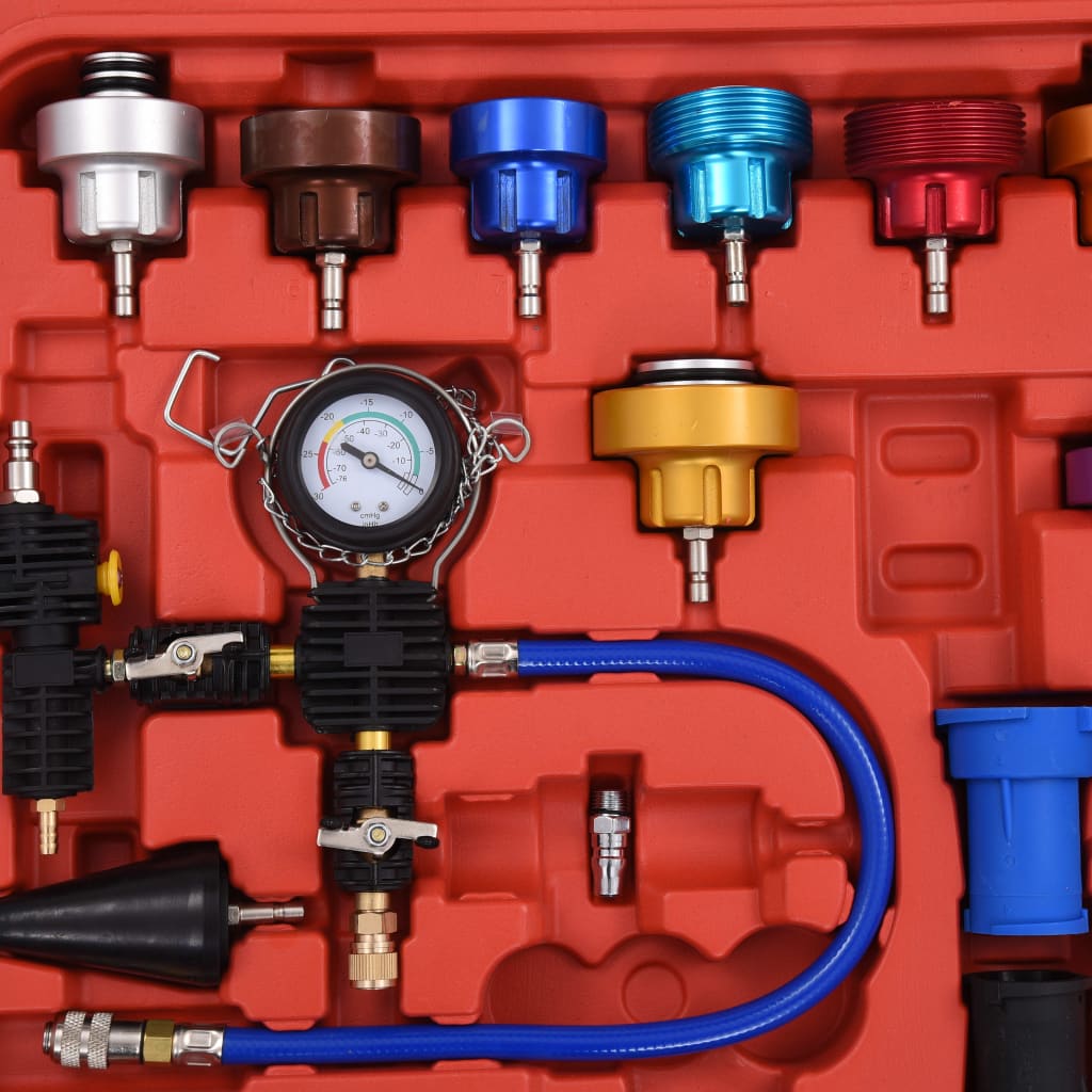 Radiatordruktester – Koelvloeistoftester – Koelsysteemtester – Lekdetectieapparaat – Radiatorlekkage Checker – Aluminium Uitvoering – Kleurgecodeerde Doppen
