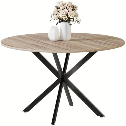 Ronde Eettafel – Ronde Tafel – Houten Tafel – Keukentafel – Eettafel Rond – 120 cm Diameter – Walnoothouten Blad Met Zwarte Metalen Poten