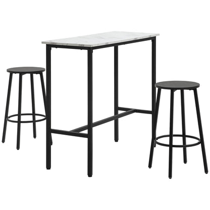 Barset – Barkrukset – Bar tafel met krukken – Eettafel – Keukentafel – Wit Zwart Marmer-Look – Comfortabele Voetsteunen – Stevig Staalframe