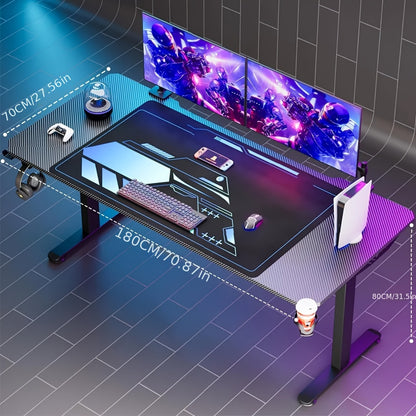 Bureau – Werktafel – Gametafel – Computertafel – Schrijftafel – Ergonomisch – Verstelbare Hoogte – Stevig Stalen Frame – Groot 180x70 cm – Inclusief Muismat & Koptelefoonhouder – Zwart