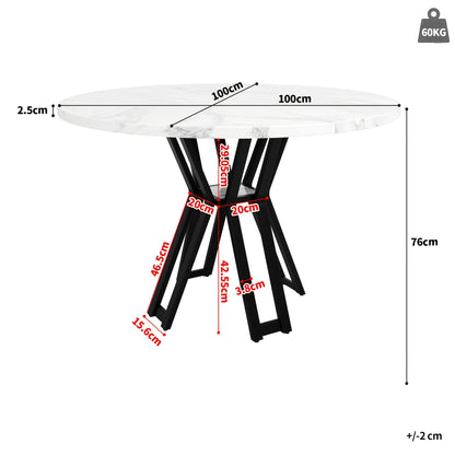 Round Dining Table | 100 x 100 x 76 cm, Lightweight yet Luxurious, Accommodates 4-6 People, Ideal for Studying, Dining, or Working in Dining Room or Living Room, White, Metal Frame, Space-Saving Design