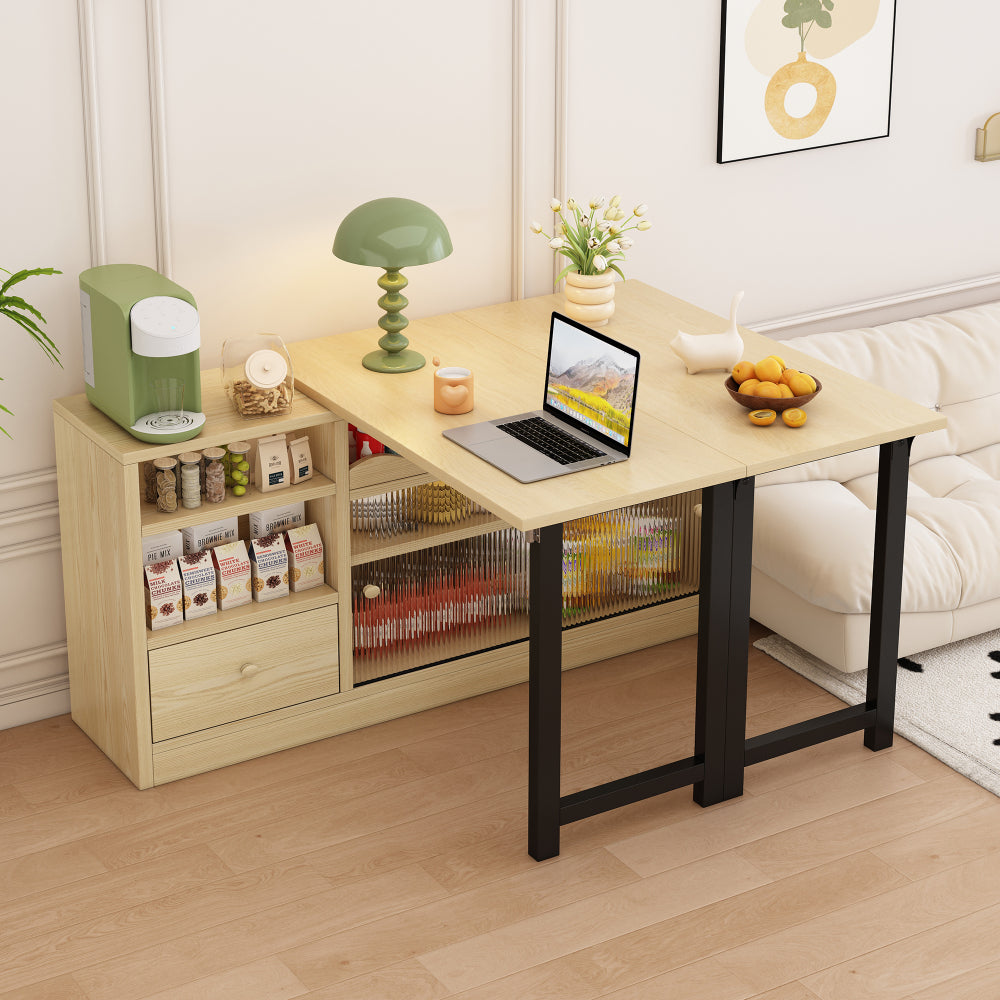 Extendable Folding Dining Table with Storage - Space-Saving Modern Design, 360° Rotating Tabletop, Large Storage Compartment & Sturdy Metal Frame - Natural Wood-Like Finish & Black Expandable Table for Small Spaces, Apartmen
