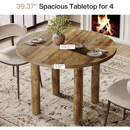 Ronde Eettafel – Eettafel Rond – Keukentafel – Tafel Voor 4 Personen – Landelijke Tafel – 99 cm Diameter – Stevig Geforceerd Hout – Bruine Houtnerfafwerking