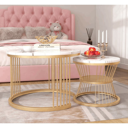 Ronde Salontafel Set – Bijzettafel – Koffietafel – Nestbare Tafels – Modern – Marmerlook – Hoogwaardig MDF – Verstelbare Pootdopjes