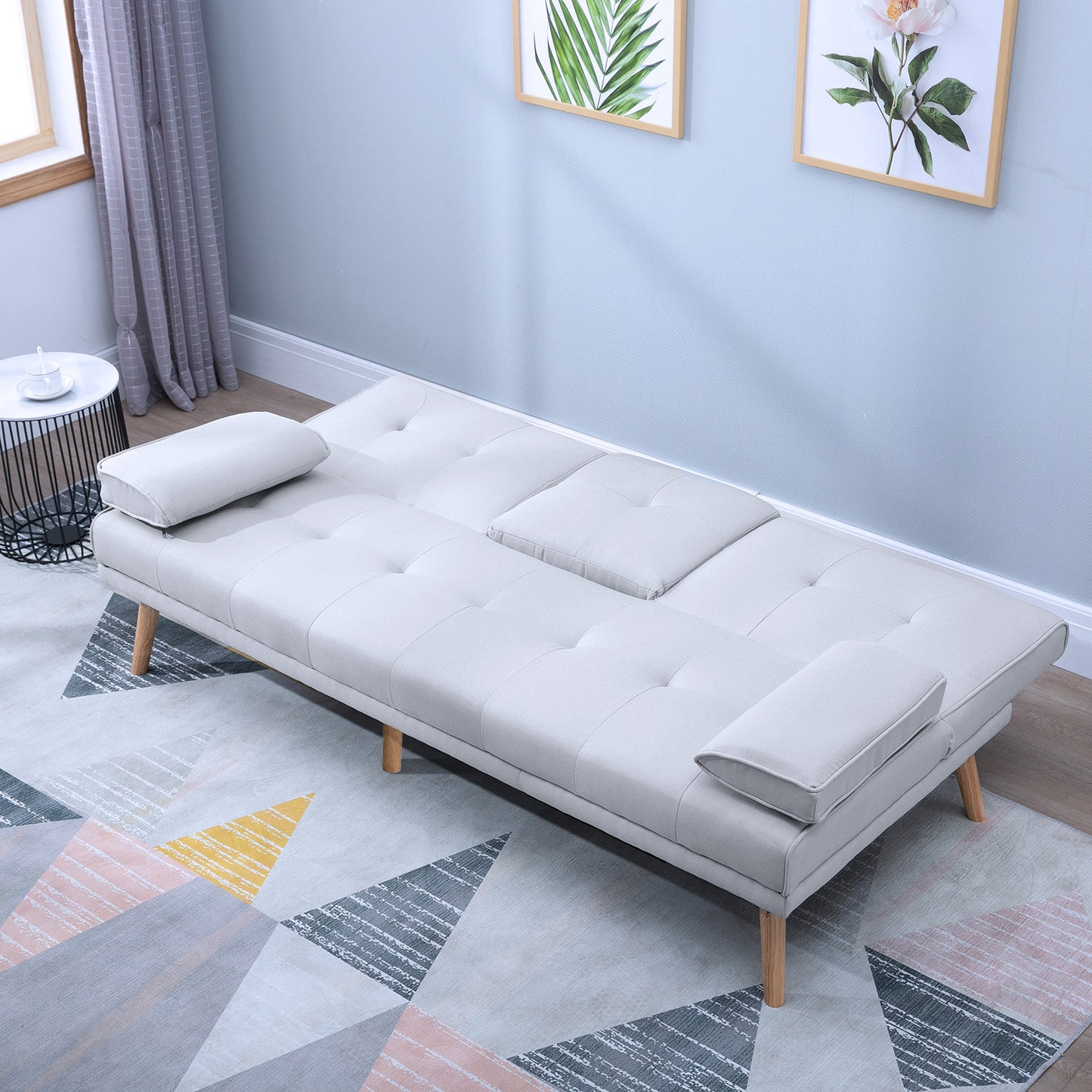 Slaapbank – 3-zitsbank – Bedbank – Uitklapbare Sofa – Stoffen Bank – Multifunctioneel Design – Inklapbaar Tafeltje Met Bekerhouders – Scandinavisch Design – Belastbaar Tot 250 Kg – Lichtgrijs Linnen Look