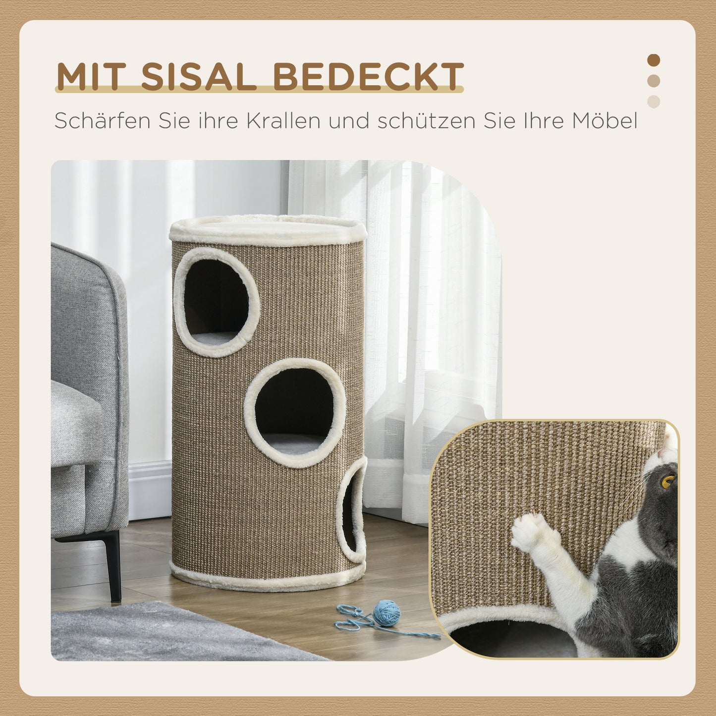 Krabpaal – Kattenkrabpaal – Kattenboom – Krabmeubel – Kattenspeelboom – Zacht Pluche – Duurzaam Sisal – Ø38 x 70 cm – Bruin