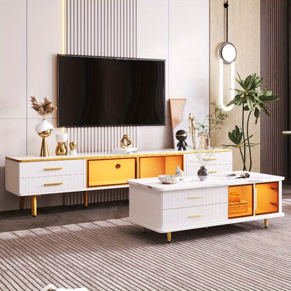 TV Meubel – Lowboard – Entertainmentkast – Sideboard – Dressoir – 4 Lades – Bruin Gehard Glas – 170 cm Hoogte – Marmerlook & Gouden Handvaten