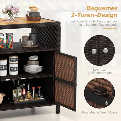 Tuinkast Rattan Opbergkast Bergkast Buitenopberger Terraskast – Bruin – Acaciahouten Werkblad – Verstelbare Voetjes – 90x53x86 cm