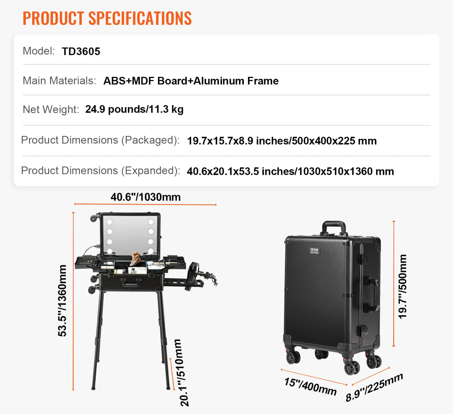 Make-up Koffer – Make-up Trolley – Beautycase – Cosmetica Koffer – Schminkkoffer – 4 Uitschuifbare Trays – LED Spiegel Met 3 Lichtstanden