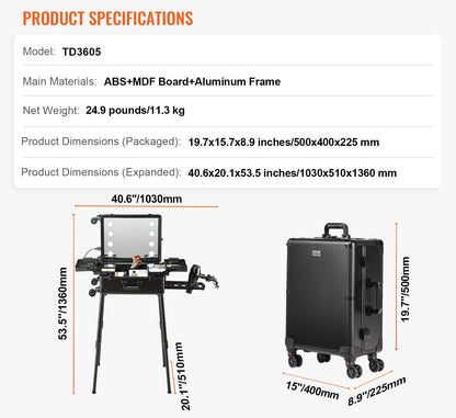 Make-up Koffer – Make-up Trolley – Beautycase – Cosmetica Koffer – Schminkkoffer – 4 Uitschuifbare Trays – LED Spiegel Met 3 Lichtstanden