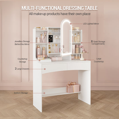 Kaptafel – Make-up Tafel – Vanity Tafel – Cosmeticatafel – Opmaaktafel – Wit houten design – Ronde LED Spiegel 90 cm – Verborgen sieradenlade – 3,2 kubieke voet opbergruimte – Zonder stroom – Eenvoudige montage