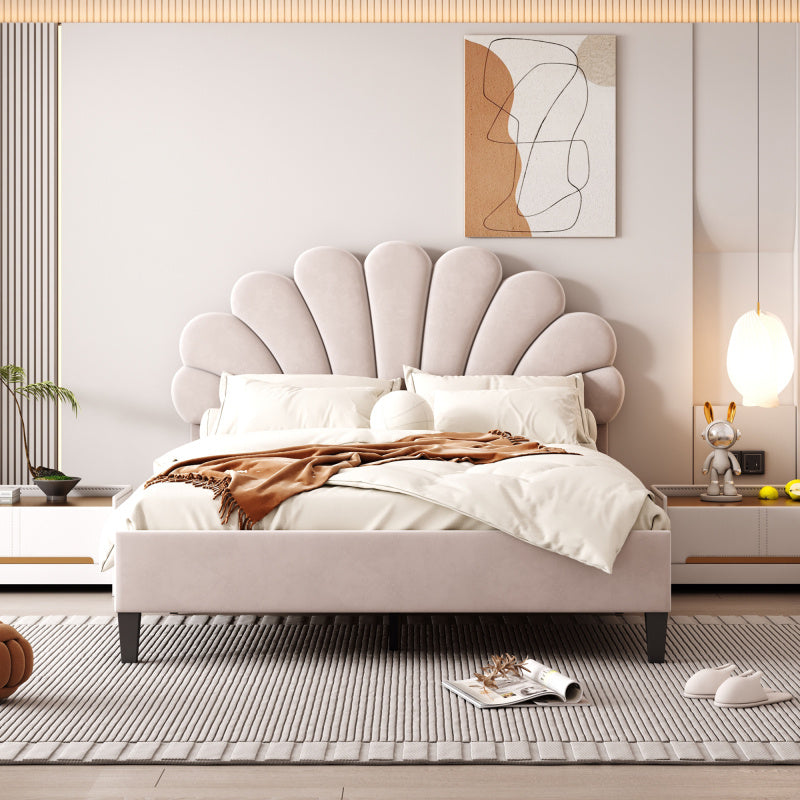 Tweepersoonsbed – Gestoffeerd Bed – Velours Bed – Slaapbed – Bedframe – 140 x 200 cm – Uniek Bloemvormig Hoofdbord – Zachte Huidvriendelijke Bekleding Beige
