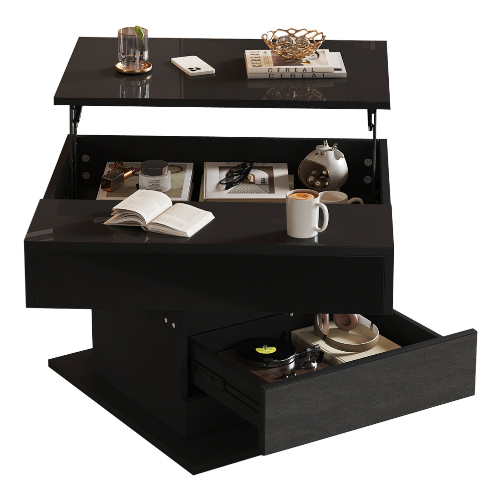 Geometric Coffee Table, 360° Rotating Top, Lift-Up Coffee Table with 1 Drawer, High-Gloss Living Room Table with Hidden Storage, Sofa Table, Side Table, Black