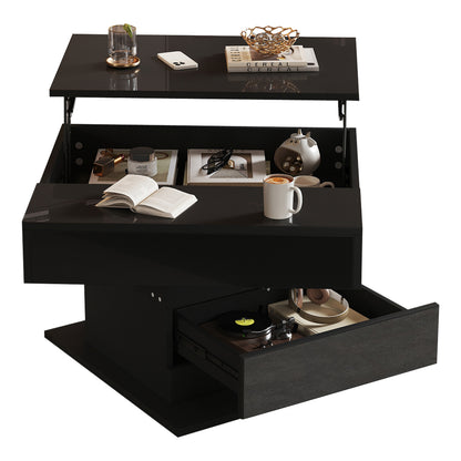 Geometric Coffee Table, 360° Rotating Top, Lift-Up Coffee Table with 1 Drawer, High-Gloss Living Room Table with Hidden Storage, Sofa Table, Side Table, Black