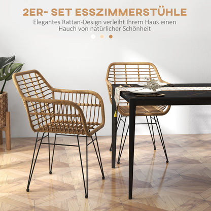 Eetkamerstoelen – Keukenstoelen – Stoelen Set – Woonkamerstoelen – Balkonstoelen – Lichtbruin Polyrattan – Zwarte Stalen Poten – Ergonomisch Design – Anti-slip Voetendoppen