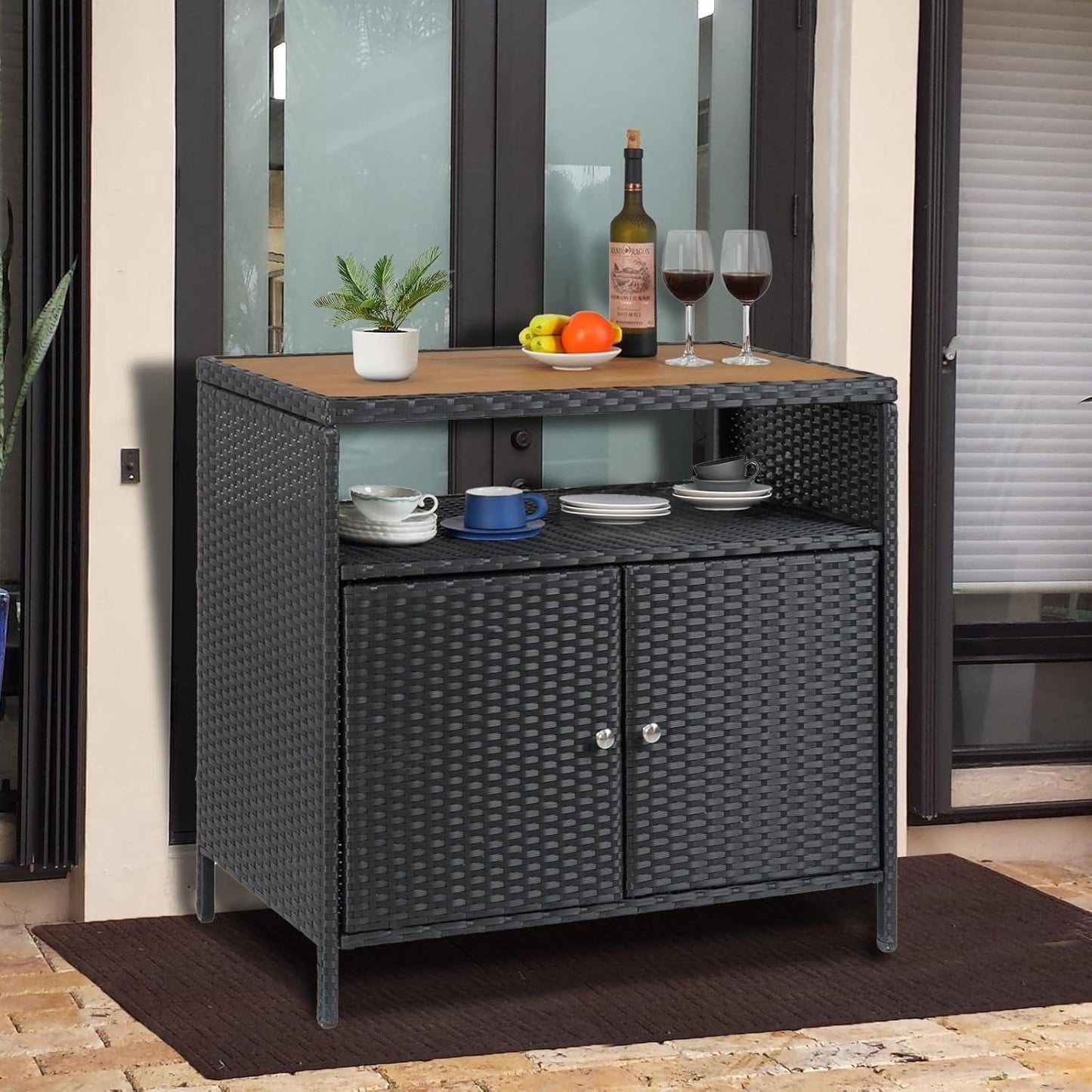 Wicker Opbergkast Buiten – Buitenmeubel – Tuinkast – Bar Tafel – Opbergtkast – Weerbestendig Wicker – Compact Design – Praktische Plank – Grijs