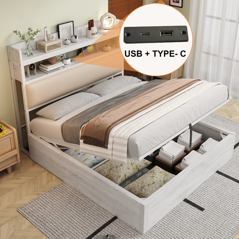Metalen Bedframe – Beddenframe – Platformbed – Opbergbed – Hydraulisch Bed – 140x200 cm – Geïntegreerde Opbergruimte – Bekleed Hoofdbord