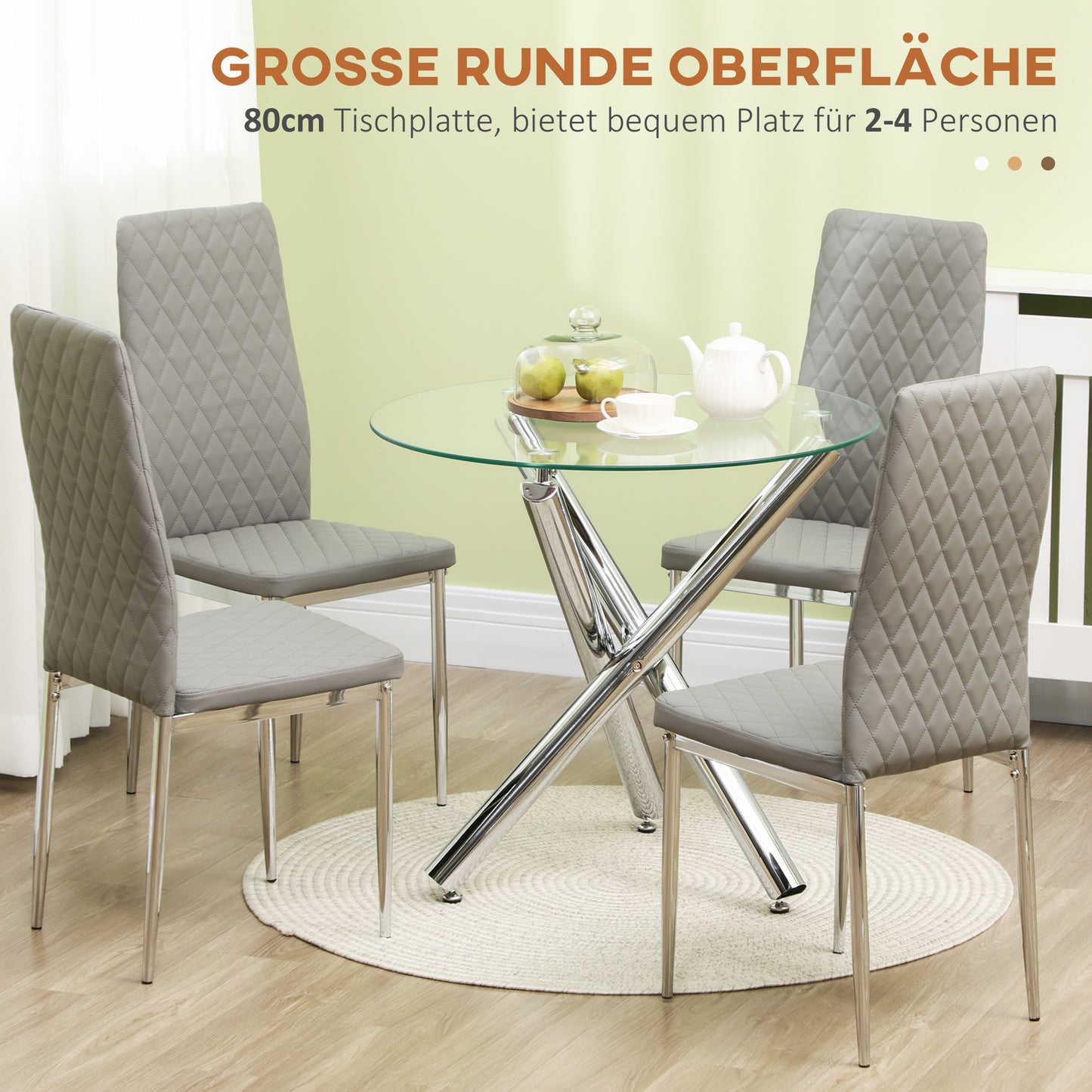 Eettafel – Ronde Tafel – Keukentafel – Dinetafel – Glazen Tafel – Hardglas Zonder Rand – Stabiele Stalen Poten – Ø80 x 74 cm – Geschikt Voor 2-4 Personen