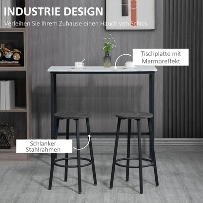 Barset – Barkrukset – Bar tafel met krukken – Eettafel – Keukentafel – Wit Zwart Marmer-Look – Comfortabele Voetsteunen – Stevig Staalframe