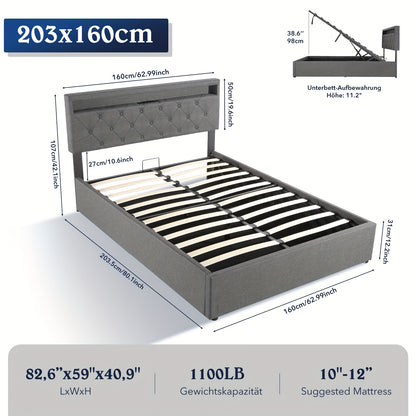 Bed 160x200 – Tweepersoonsbed – Opbergbed – Boxspringbed – Led Bed – Hydraulisch Opklapbaar – Grijze Linnen Bekleding – Metalen Frame – Ruime Opbergruimte – Lattenbodem
