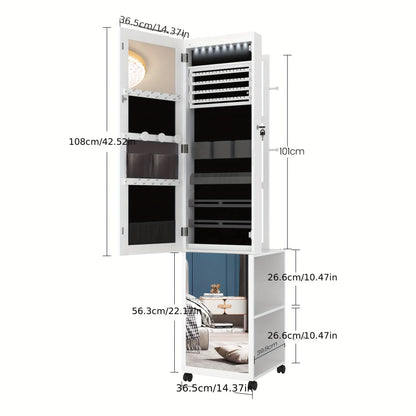 Jewelry Cabinet Wardrobe, 164.59 cm Jewelry Storage Box, with 1 Hanger, Lockable Full Body Mirror with 4 Wheels, Storage Rack with Hooks, White, Jewelry Armoires
