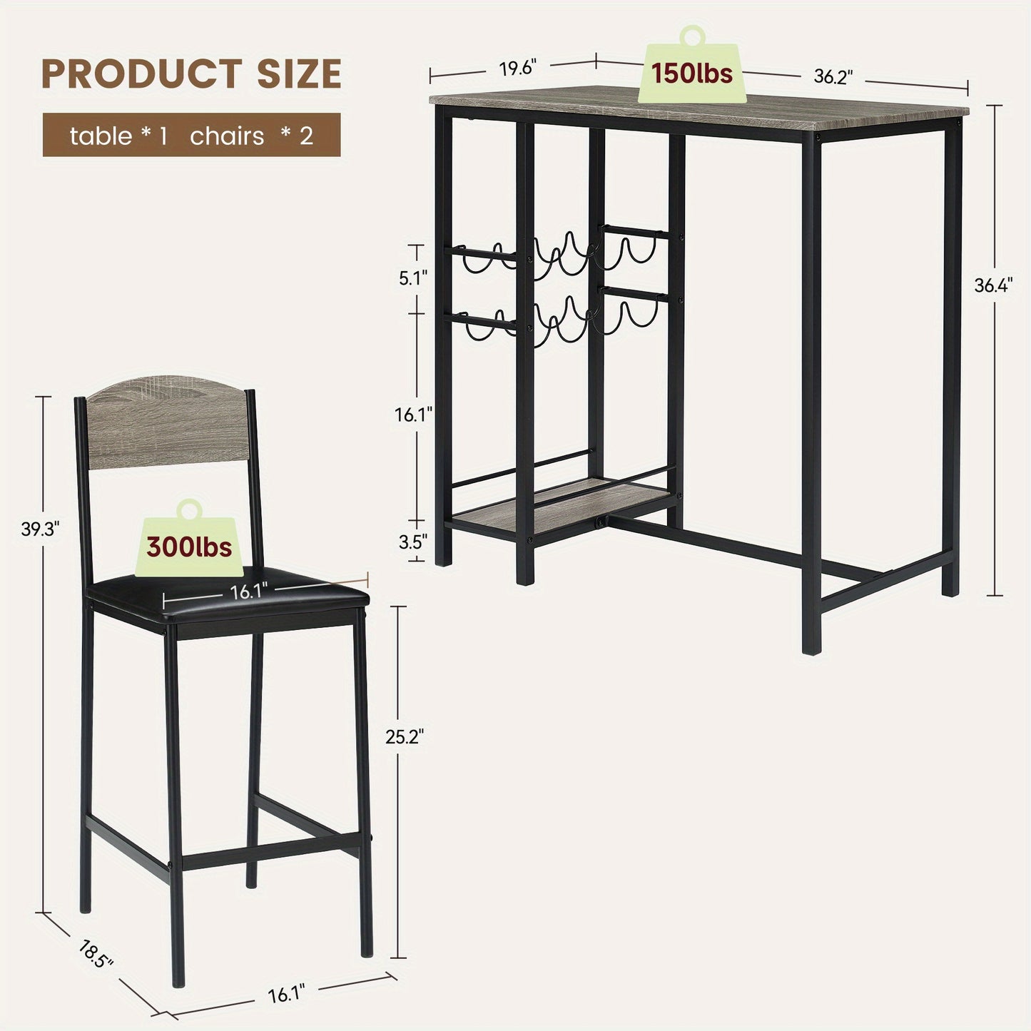 Bartafelset – Bar Set – Barkrukken Set – Statafel Set – Bistro Set – Compact Design – Met Opbergruimte en Wijnrek