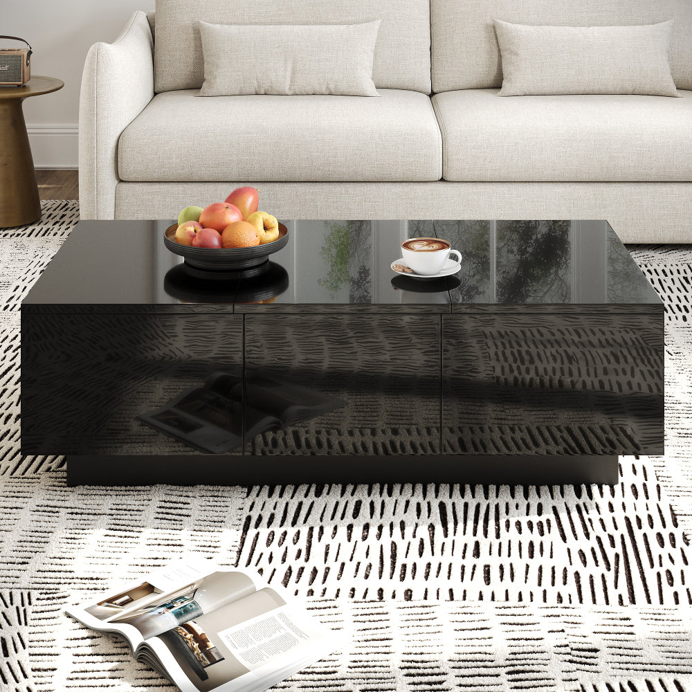 Modern High-Gloss Coffee Table with Sliding Storage & Drawers - Heavy-Duty Metal Frame, Easy-Assembly Rectangular Living Room Table Suitable for Modern & Small Spaces - Contemporary Storage Coffee Table