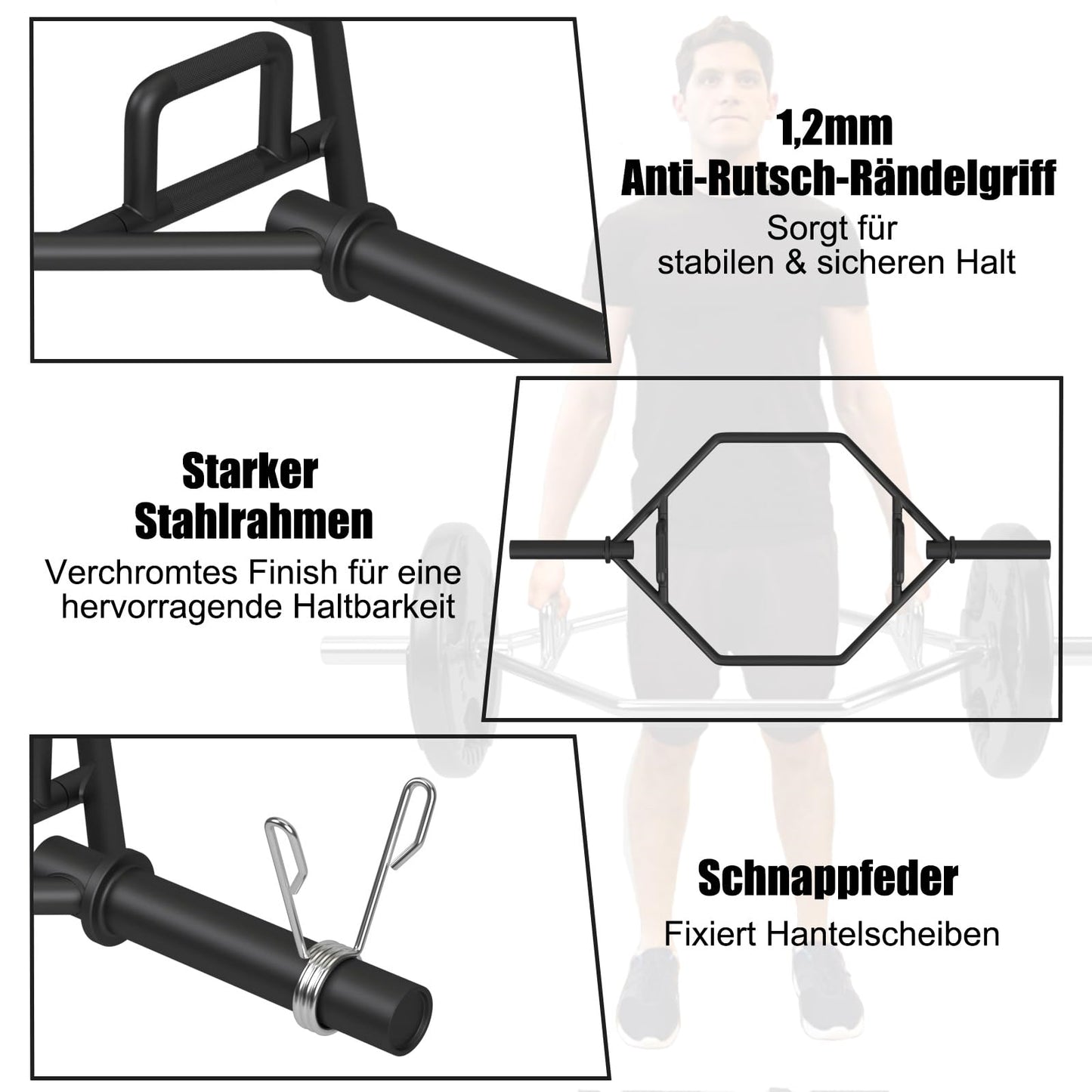 Trap Bar – Hex Bar – Halterstang – Olympische Bar – Shrug Bar – Vouwbare Handgrepen – Massief Staal – 363 Kg Belastbaar