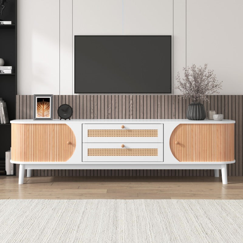 Wood Blend TV Meubel – TV Kast – TV Stand – Entertainment Unit – TV Dressoir – Rattan Zijkanten – Natuurlijke Landelijke Stijl – Met Deuren En Lades