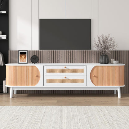 Wood Blend TV Meubel – TV Kast – TV Stand – Entertainment Unit – TV Dressoir – Rattan Zijkanten – Natuurlijke Landelijke Stijl – Met Deuren En Lades
