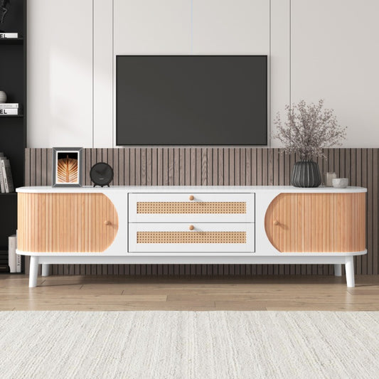 Wood Blend TV Meubel – TV Kast – TV Stand – Entertainment Unit – TV Dressoir – Rattan Zijkanten – Natuurlijke Landelijke Stijl – Met Deuren En Lades