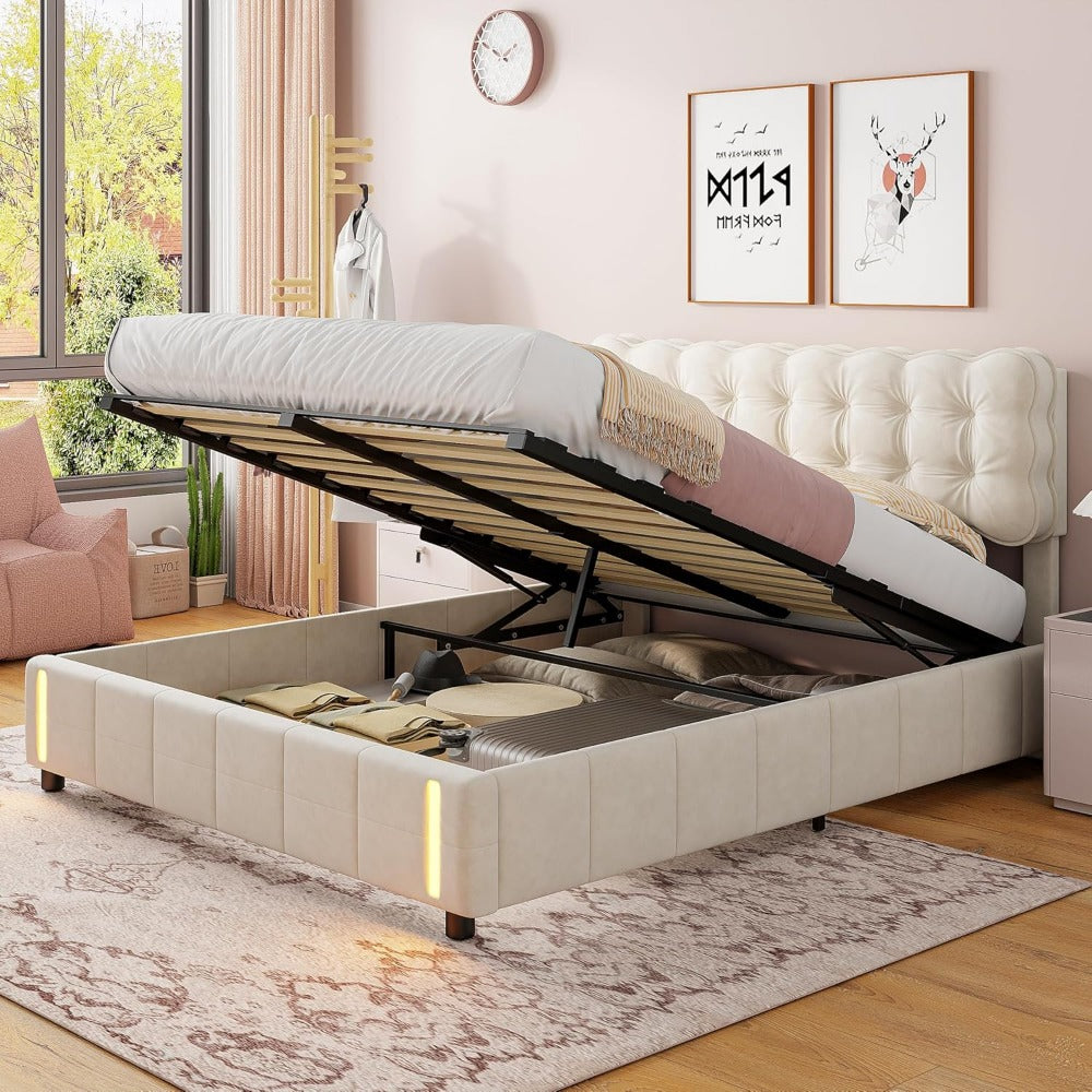 Opbergbed – Gestoffeerd Bed – Tweepersoonsbed – Slaapbank – Lades – Hydraulisch Systeem – 140x200 cm – Velvet Beige Met LED Verlichting