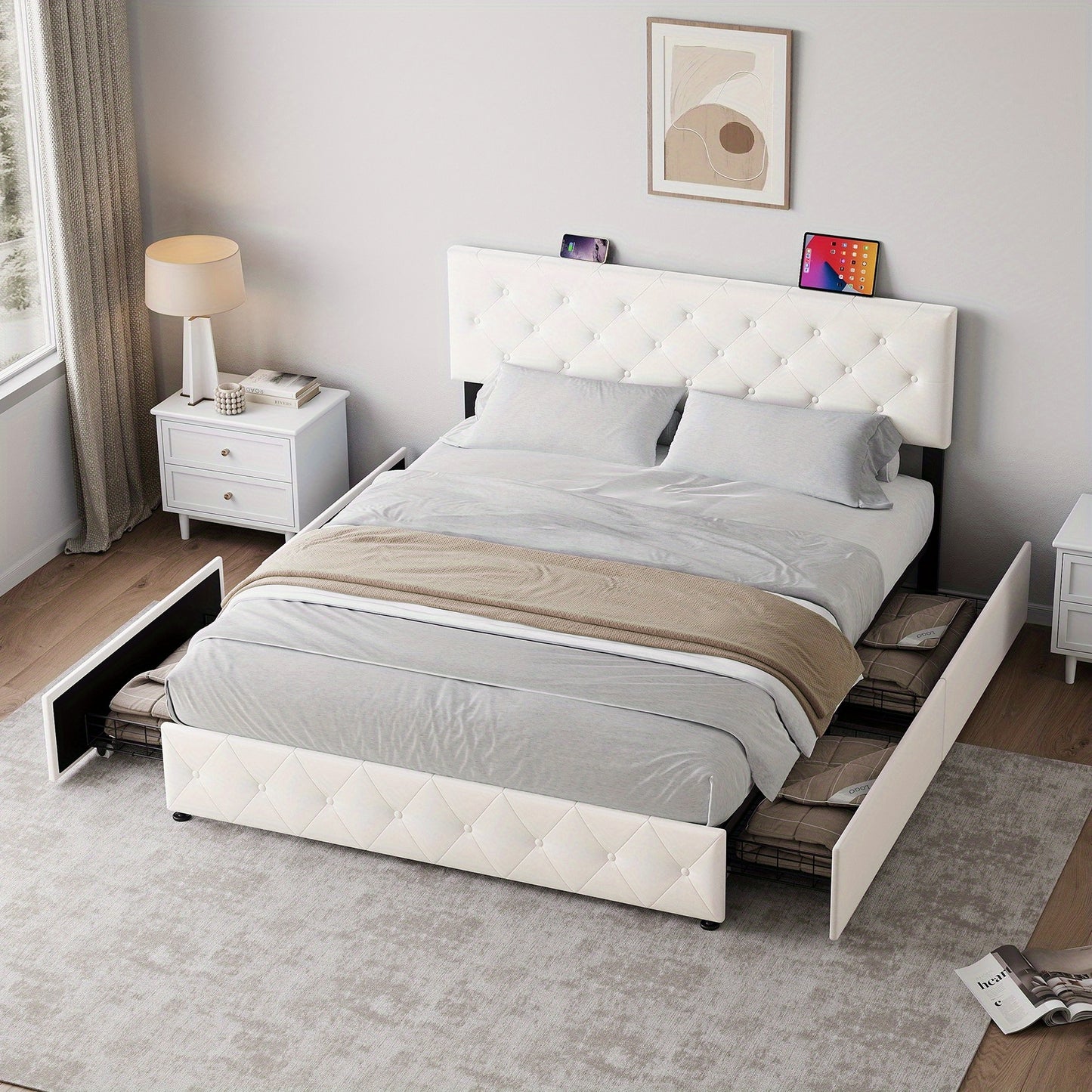 Bedkast – Bedframe – Nachtkastje – Opbergkast – Slaapkamerkast – 140x200 cm – Fluwelen Getuft Hoofdbord – 4 Opberglades