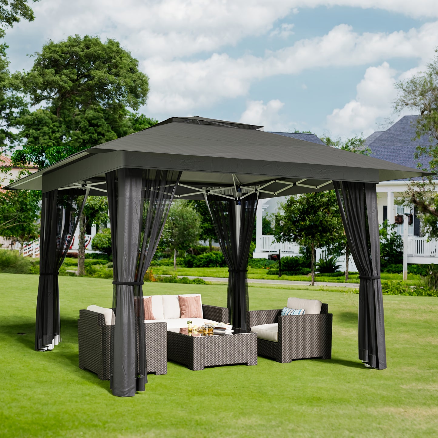 Partytent – Tuinpaviljoen – Pop-up Tent – Vouwtent – Overkapping – Waterdicht – Verstelbare Hoogte – Inclusief Muskietennet – Beige