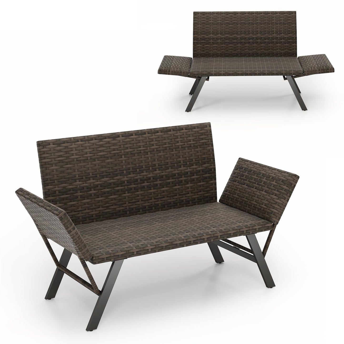 Polyrattan Tuinbank – Tuinbankje – Balkonbank – Buitenbank – Tuinbank Met Verstelbare Armleuningen – Met Sneldrogend Schuimkussen & Verstelbare Rugleuning – 178 x 59 x 89 cm – Grijs