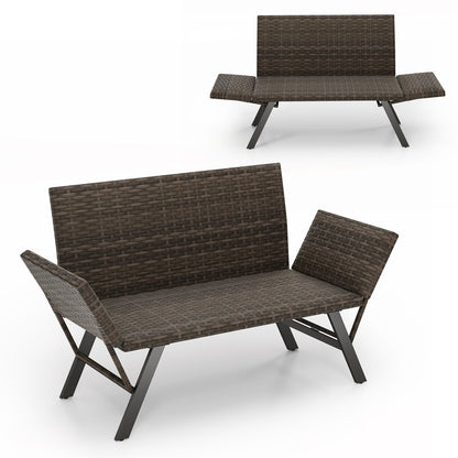 Polyrattan Tuinbank – Tuinbankje – Balkonbank – Buitenbank – Tuinbank Met Verstelbare Armleuningen – Met Sneldrogend Schuimkussen & Verstelbare Rugleuning – 178 x 59 x 89 cm – Grijs