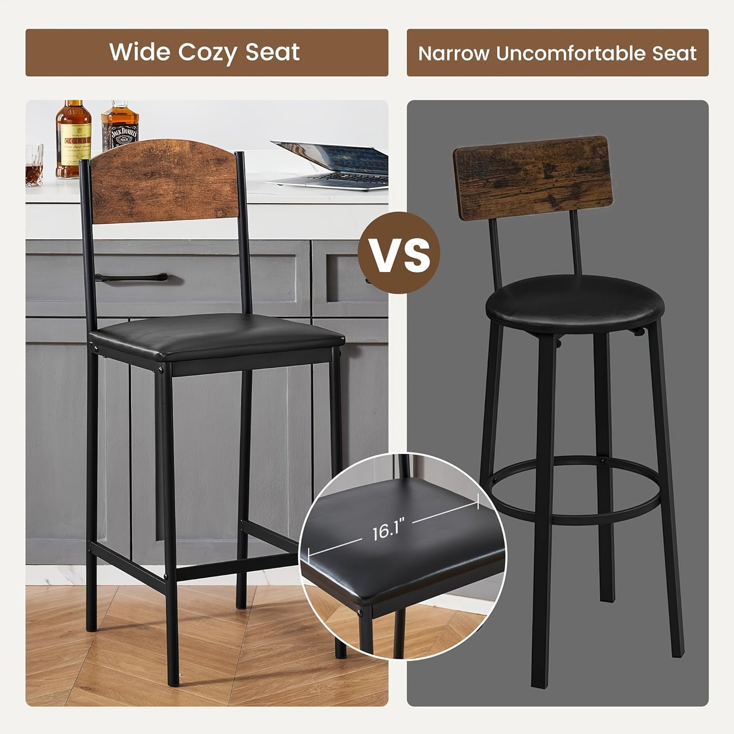 Bar Tafelset – Barset – Barkrukken Set – Bistro Set – Keuken Tafelset – Compact Design – Gestoffeerde Stoelen met Voetensteun – Stevig MDF en Metalen Frame – Eenvoudig Zelf Te Monteren – Vintage Bruin