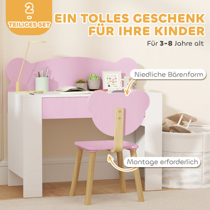 Bureau Kinderen – Kinderbureau – Schrijftafel – Speelbureau – Werkplek Kinderkamer – Inclusief Stoel – Veilig Met Lade – Beerprint Roze