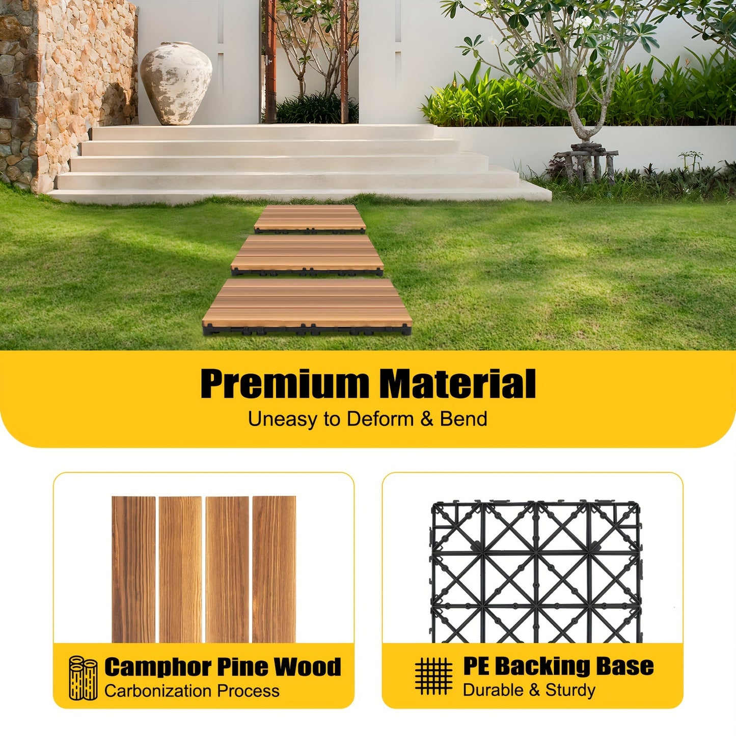 Hardhouten Terrastegels – Houten Vloertegels – Patio Tegels – Buiten Tegels – Interlock Tegels – 36 Stuks – Waterbestendig – 30,48 x 30,48 cm