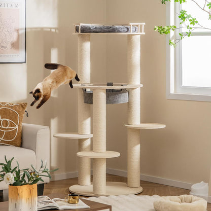 Krabpaal – Krabmeubel – Kattenboom – Krabton – Kattenhuis – Hout en Sisal – 150 cm Hoog – Met Hangmat