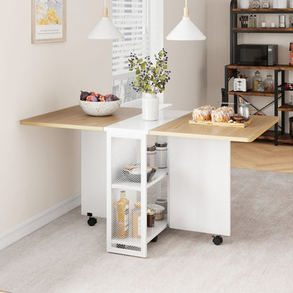 Uittrekbare Eettafel – Inklapbare Tafel – Opvouwbare Eettafel – Uitklapbare Keukentafel – Compacte Werktafel – Wit – 4 Opslagrekken – Duurzaam Metaal
