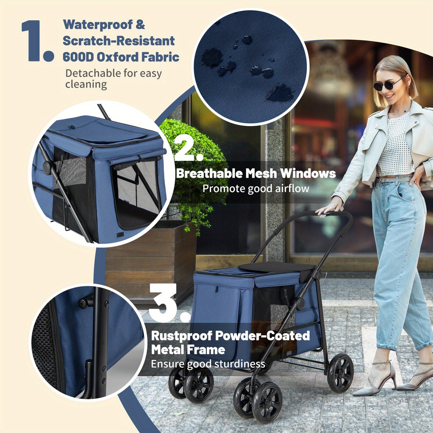 Hondenwagen – Hondenbuggy – Hondenkar – Hondenbuggy Opvouwbaar – Blauw – Geschikt Tot 40 Kg – Met Mesh Ramen & Kussen