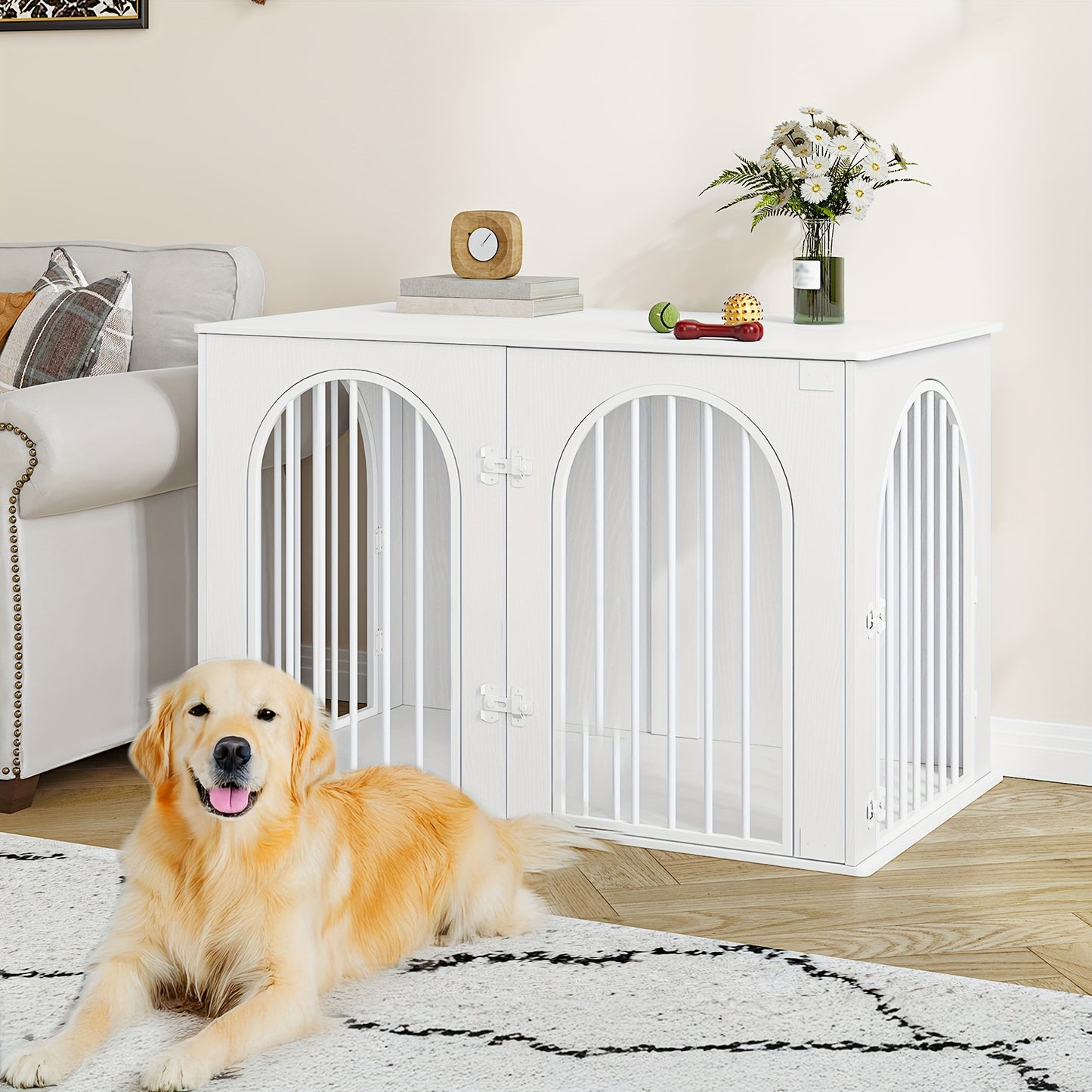 Hondenbench – Hondenkooi – Hondenkast – Hondenhok – Huisdierenbench – Retro Bruin – 3-Deurs Boogvormige Deur – Stevig Houten Meubel – 108 x 64 x 76 cm