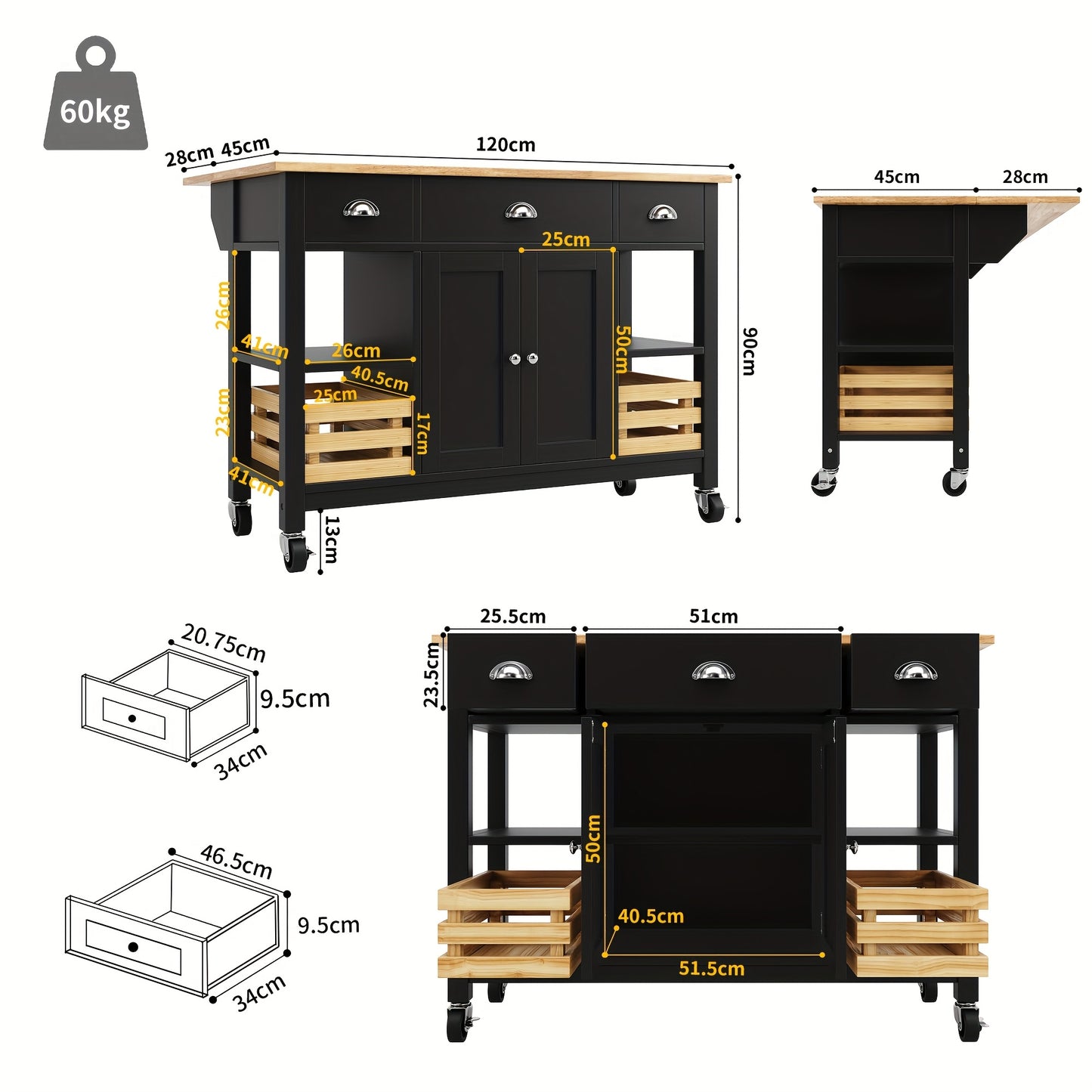 Keukenmeubel – Dressoir – Keukeneiland – Eetkamerkast – Serveerwagen – Zwart – Multifunctioneel Met Opbergbasket – Duurzaam Metaal 120x45x90 cm